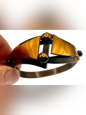 Vintage Modernist Copper Hinged Cuff Bracelet Geometric Brutalist Artisan